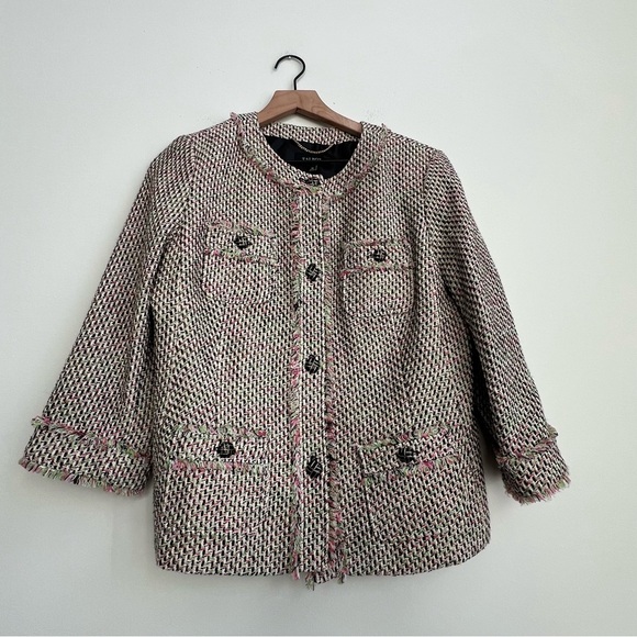Talbots Jacket 10 Pink Green Neon Tweed Fringe Button Up Fray Edges Lined Coat - Picture 2 of 11